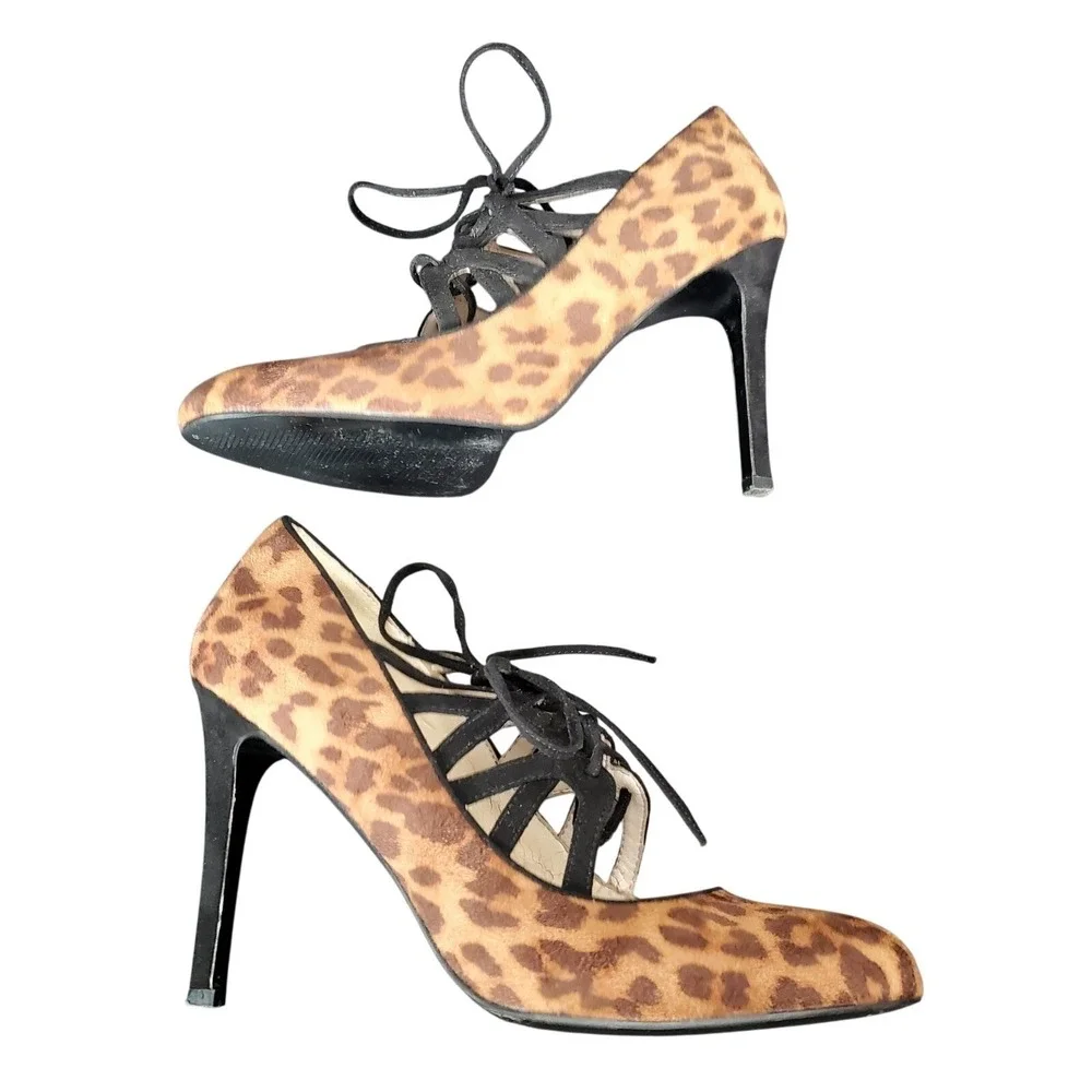Nine West Sasafraso‎ Leopard Print Crisscross Stiletto Pumps Brown Black 8M